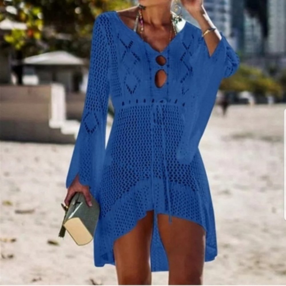 High Quality Crochet Knitted Beach Dress Blue - Picture 2 of 15